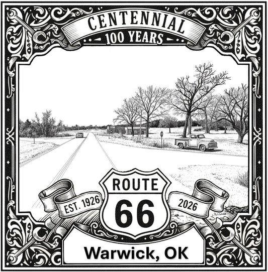 Laser-engraved design of Warwick, Oklahoma for Route 66 Centennial