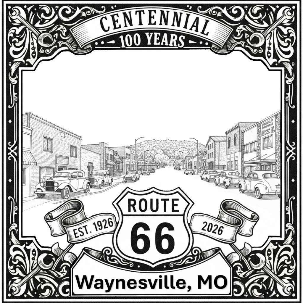 Laser-engraved design of Waynesville, Missouri for Route 66 Centennial