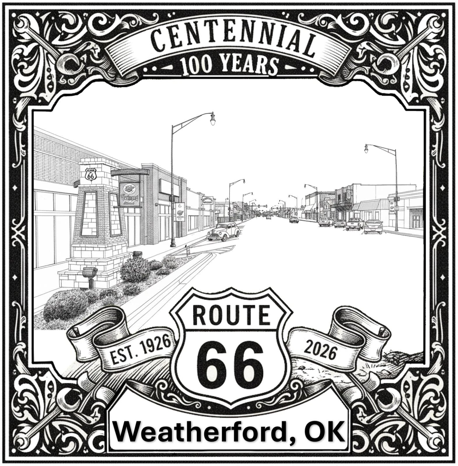 Laser-engraved design of Weatherford, Oklahoma for Route 66 Centennial