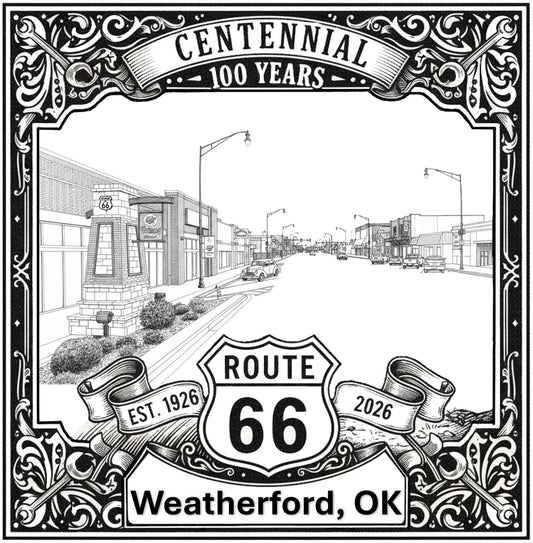 Laser-engraved design of Weatherford, Oklahoma for Route 66 Centennial