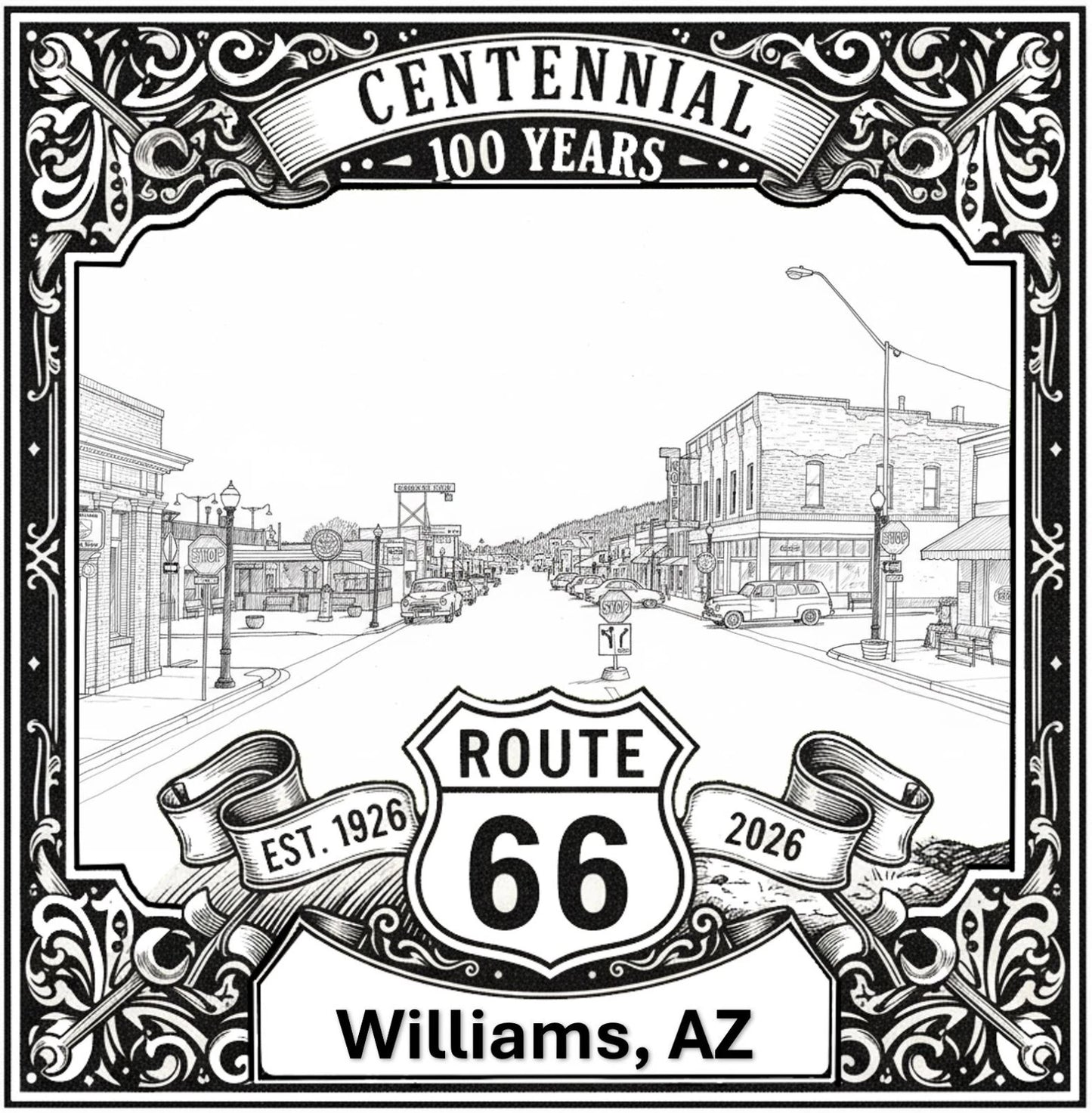 Laser-engraved design of Williams, Arizona for Route 66 Centennial