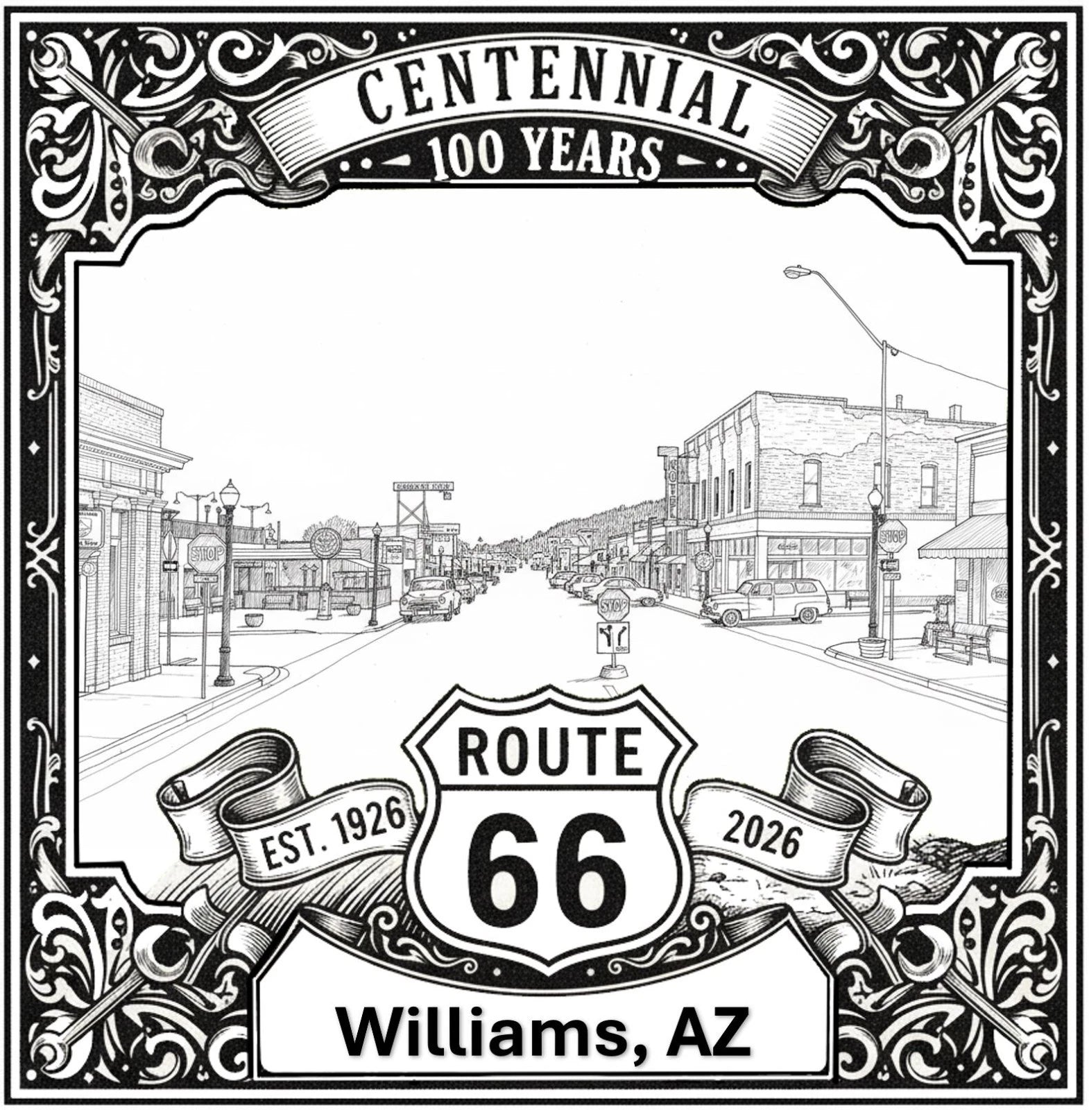 Laser-engraved design of Williams, Arizona for Route 66 Centennial