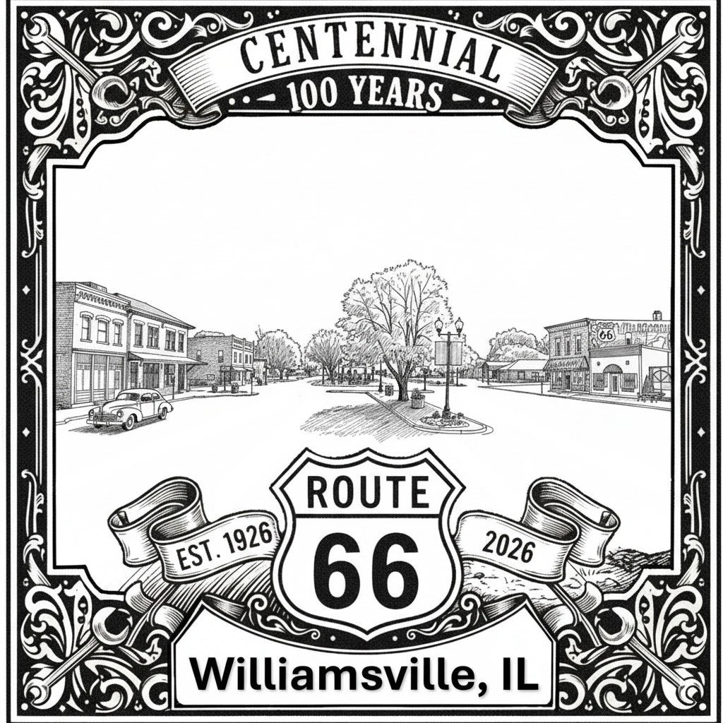Laser-engraved design of Williamsville, Illinois for Route 66 Centennial