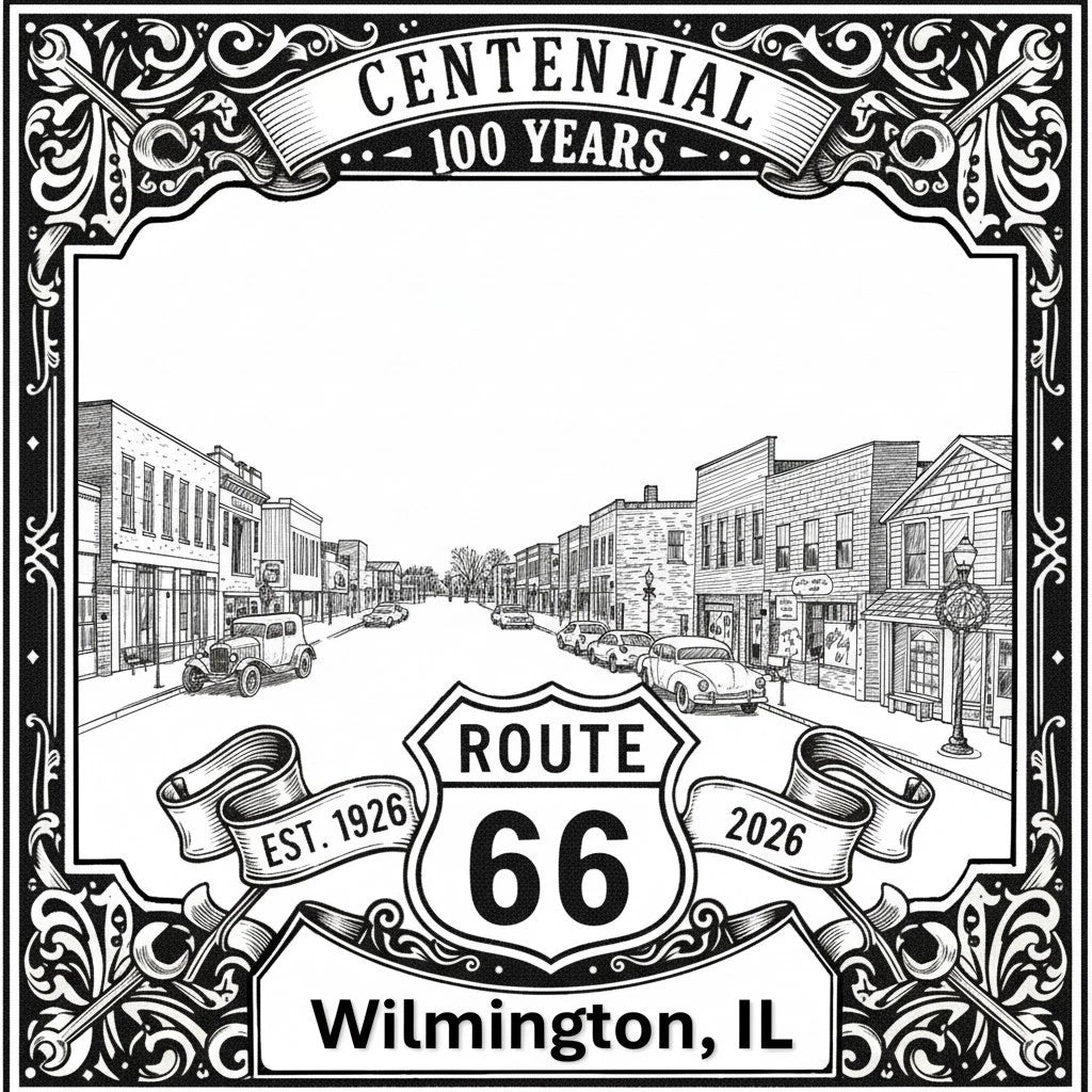 Laser-engraved design of Wilmington, Illinois for Route 66 Centennial