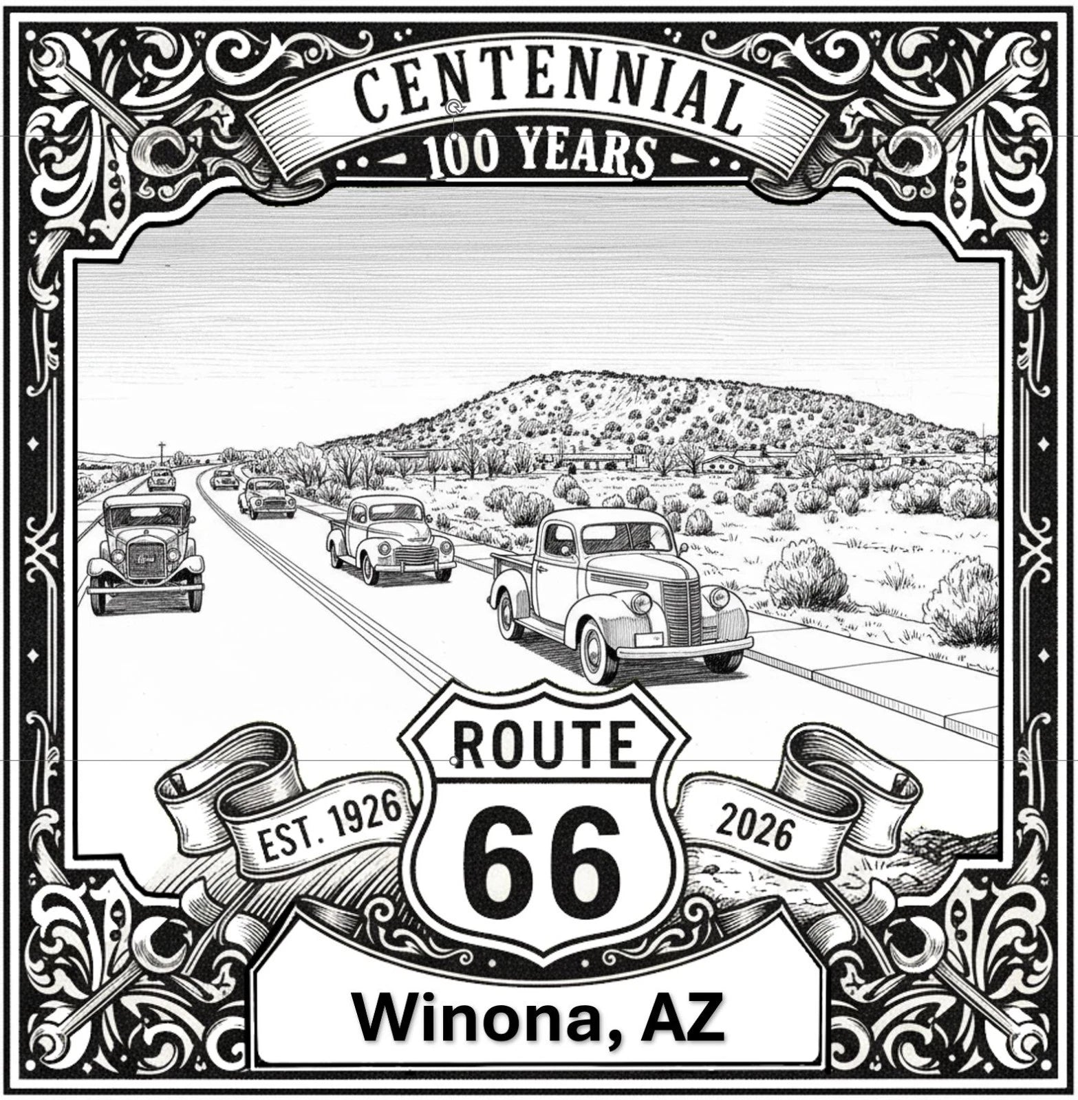 Laser-engraved design of Winona, Arizona for Route 66 Centennial
