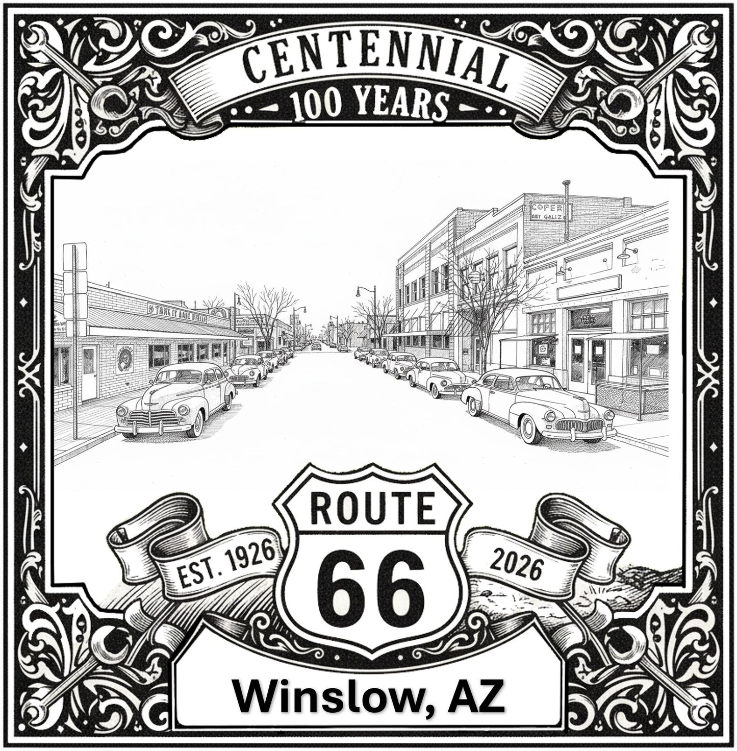 Laser-engraved design of Winslow, Arizona for Route 66 Centennial