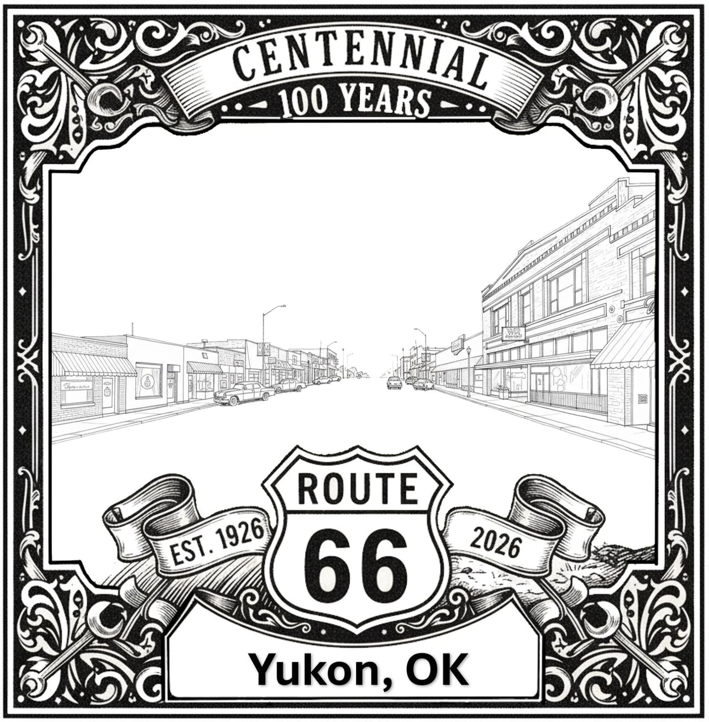 Laser-engraved design of Yukon, Oklahoma for Route 66 Centennial
