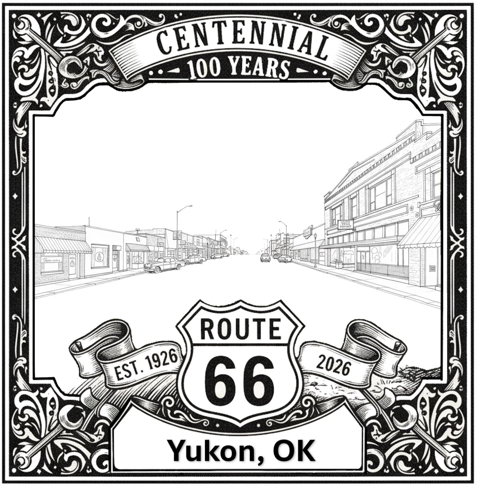 Laser-engraved design of Yukon, Oklahoma for Route 66 Centennial