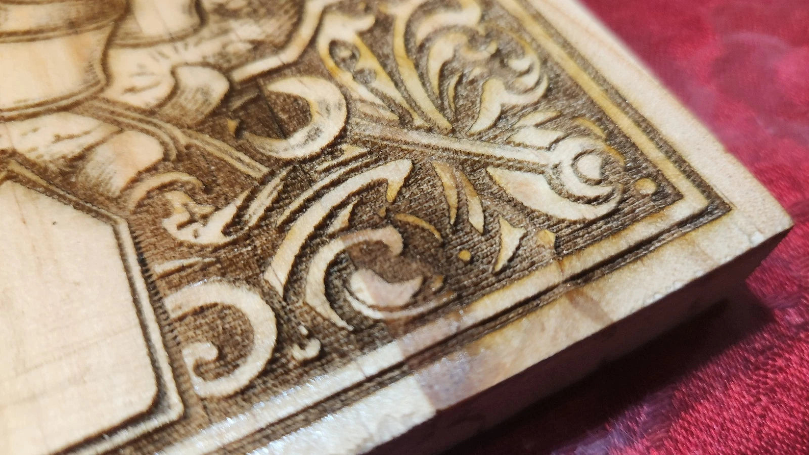 Close-up of Route 66 wood laser-engraved design