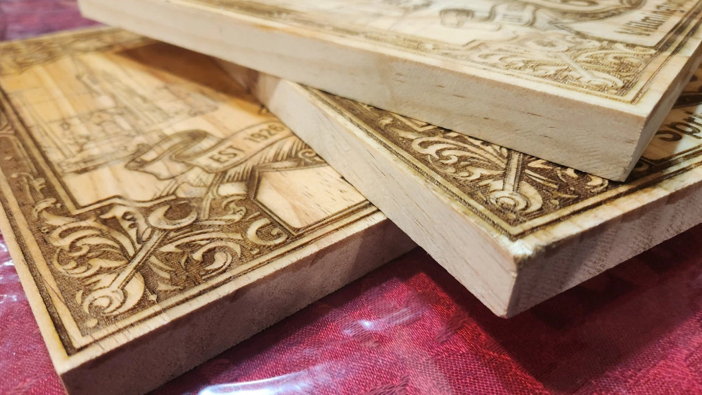 Close-up of Route 66 wood laser-engraved design