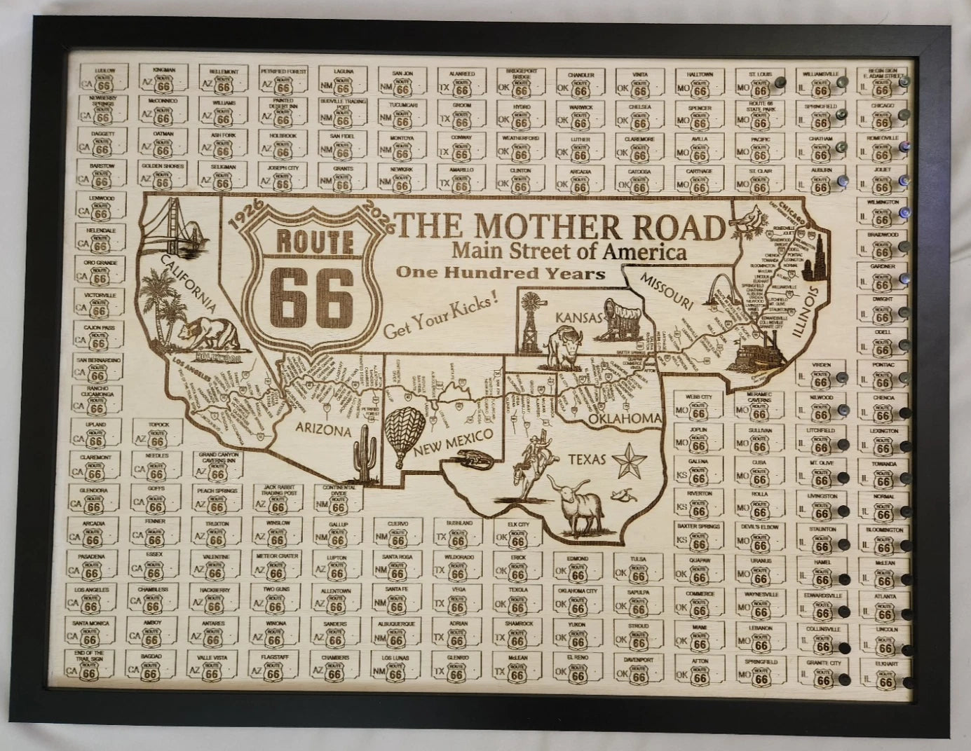 Laser-engraved Route 66 Wall Art with attachable pins for tracking travels