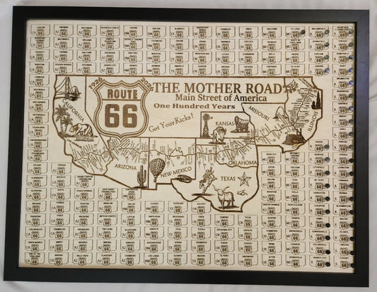 Laser-engraved Route 66 Wall Art with attachable pins for tracking travels