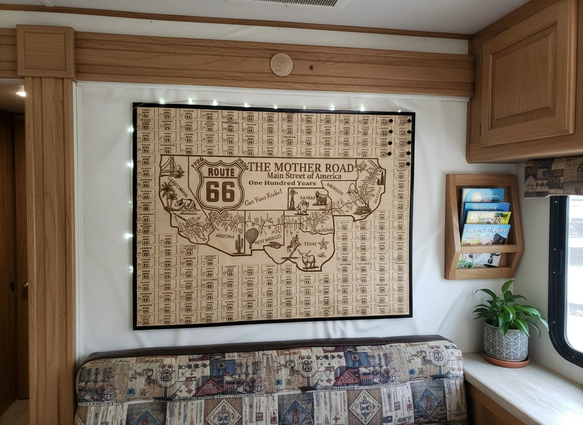 Decorative map of Route 66 on a wall in a vehicle interior