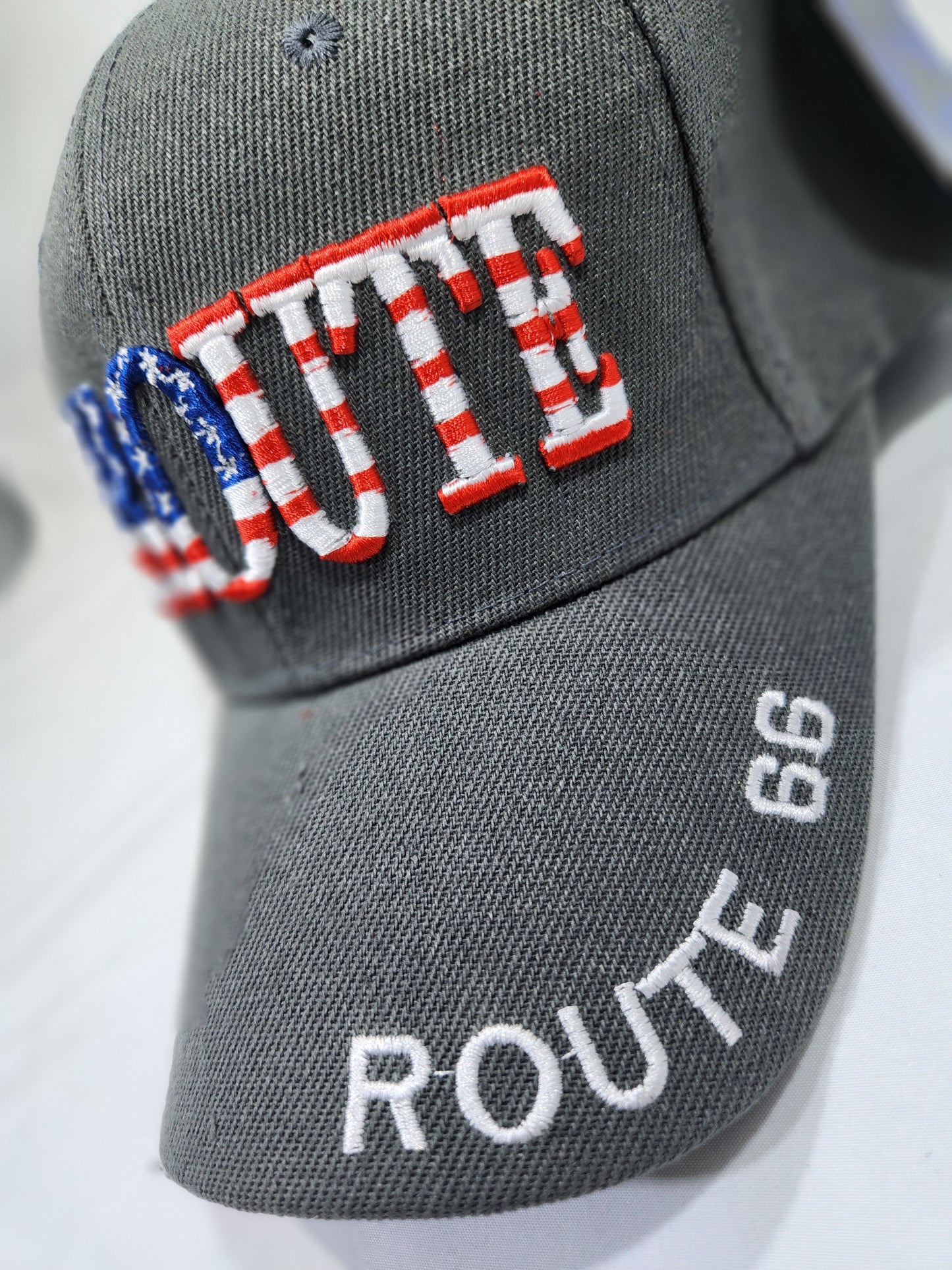 Route 66 Gray US Flag Baseball Cap Embroidered Adjustable