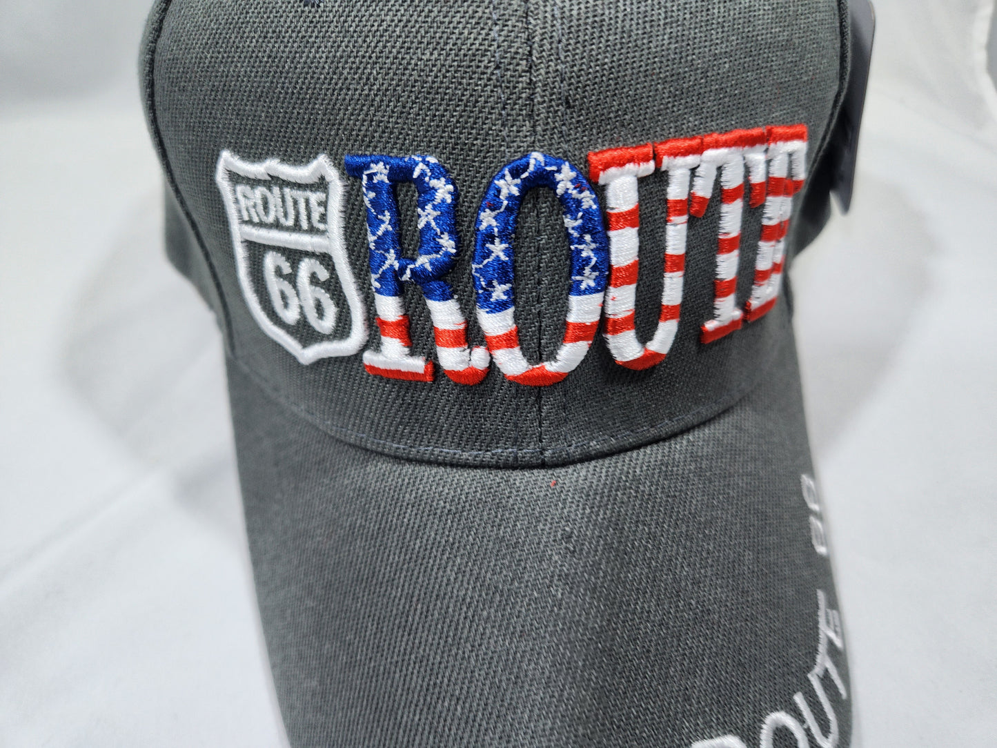 Route 66 Gray US Flag Baseball Cap Embroidered Adjustable
