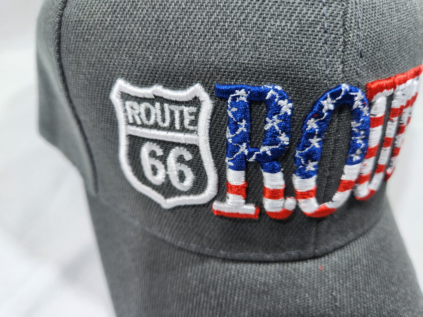 Route 66 Gray US Flag Baseball Cap Embroidered Adjustable