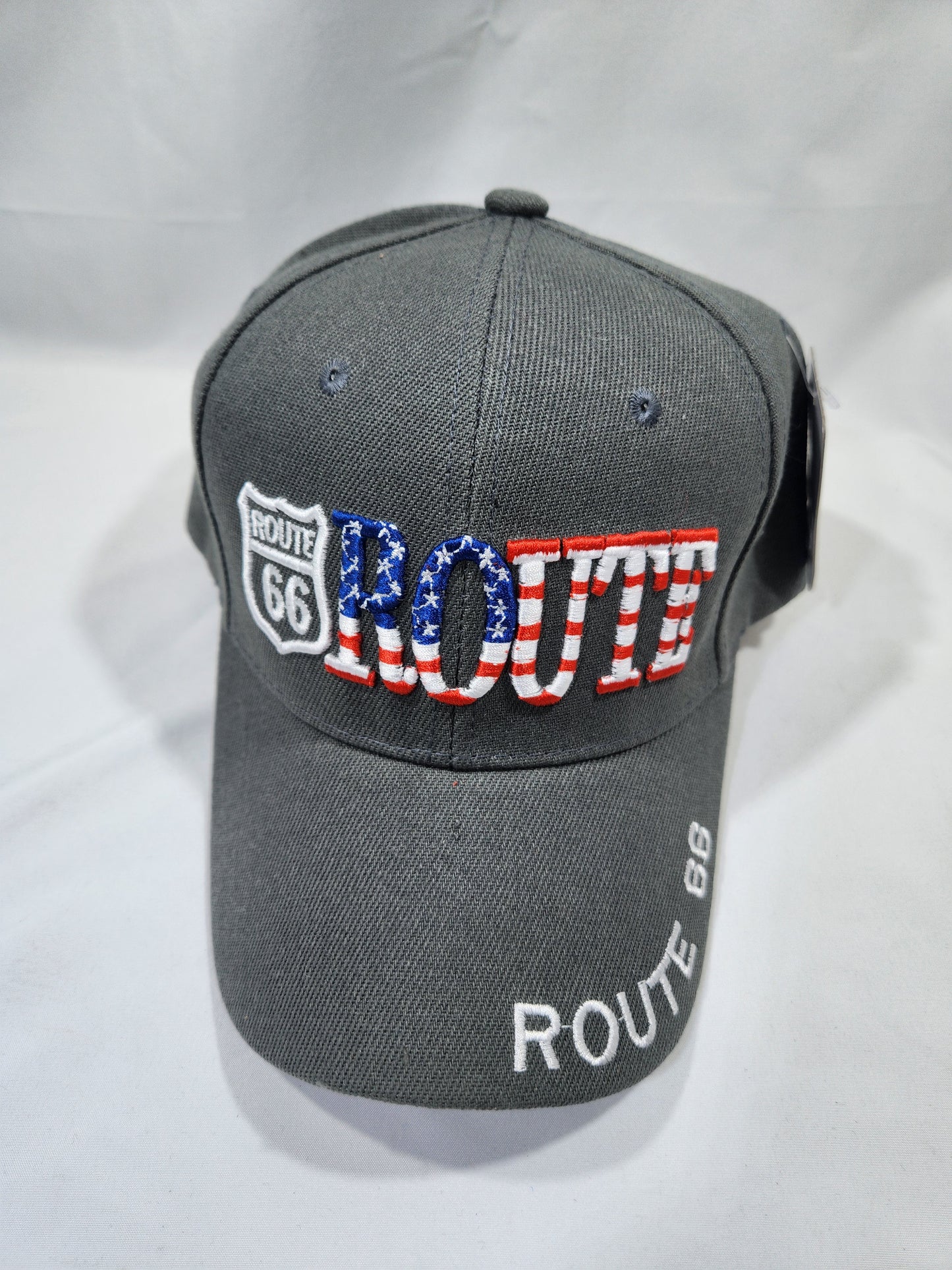 Route 66 Gray US Flag Baseball Cap Embroidered Adjustable