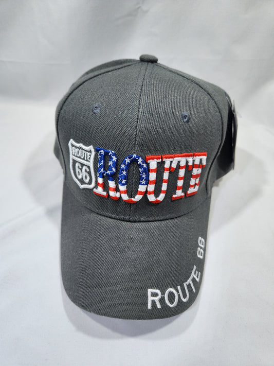 Route 66 Gray US Flag Baseball Cap Embroidered Adjustable