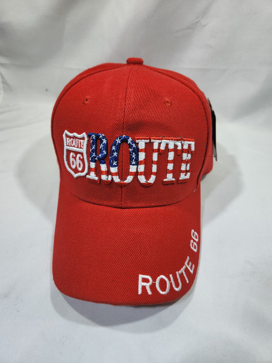 Route 66 Red US Flag Baseball Cap Embroidered Adjustable