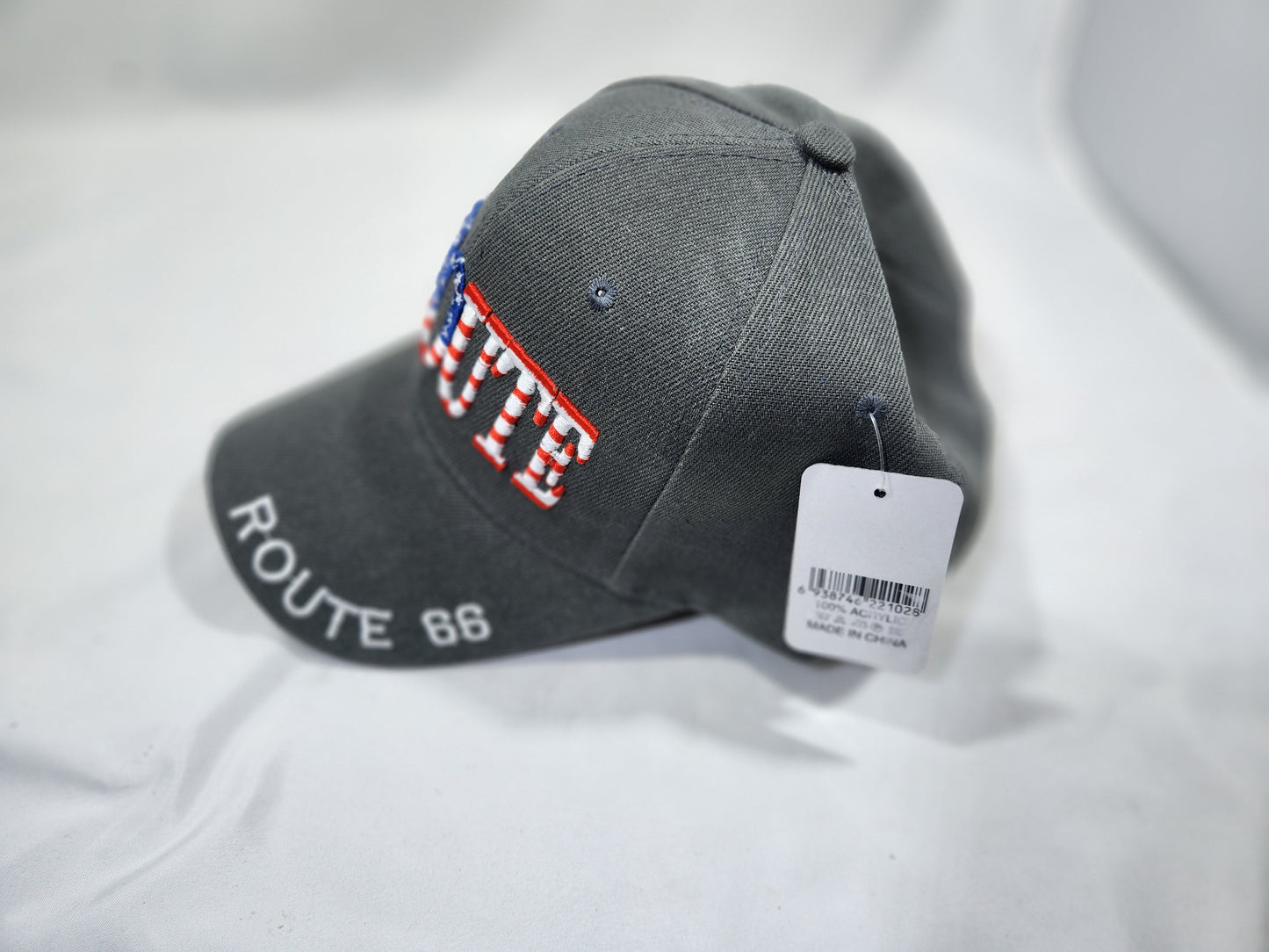 Route 66 Gray US Flag Baseball Cap Embroidered Adjustable