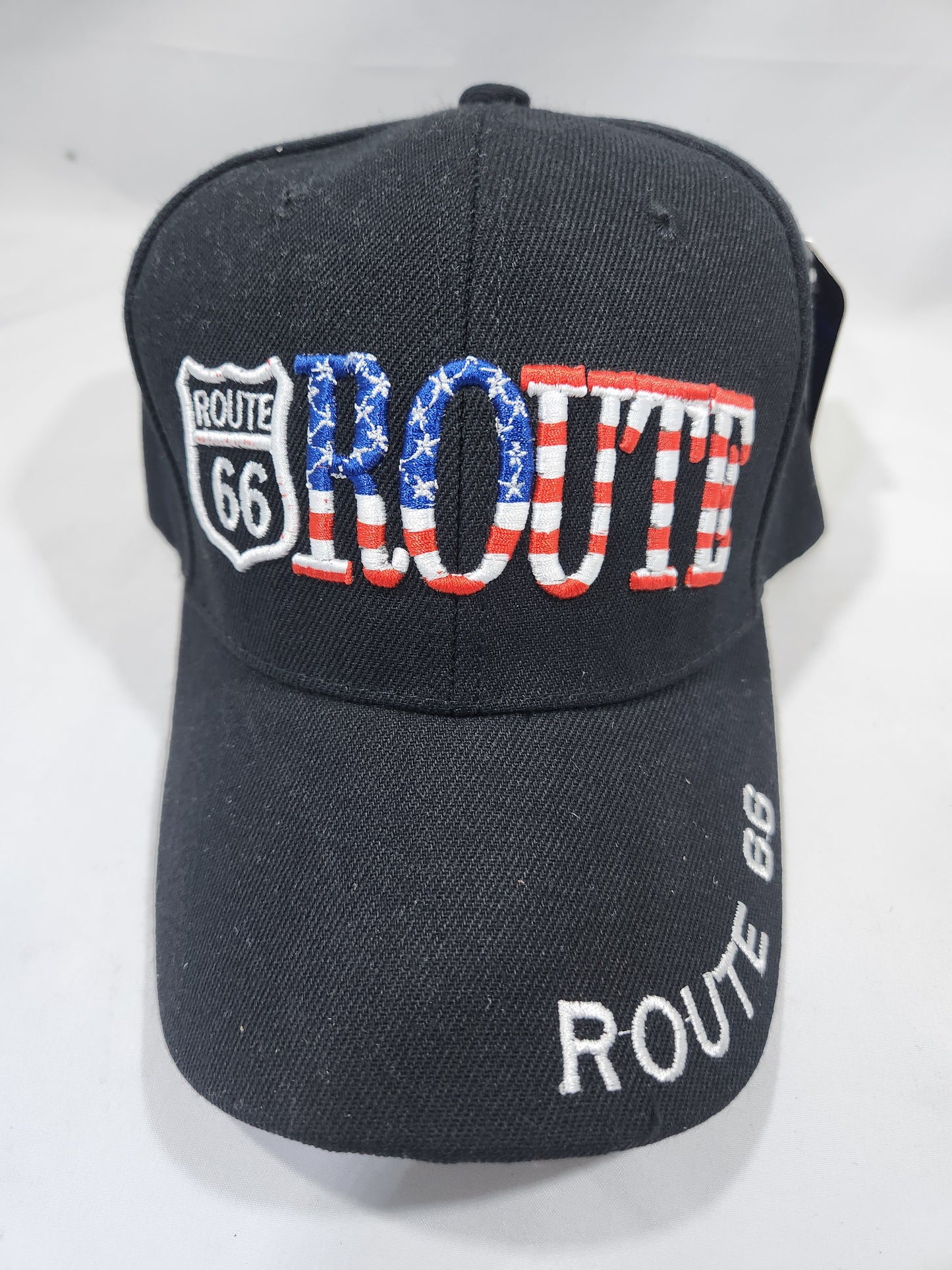 Route 66 Black US Flag Baseball Cap Embroidered Adjustable
